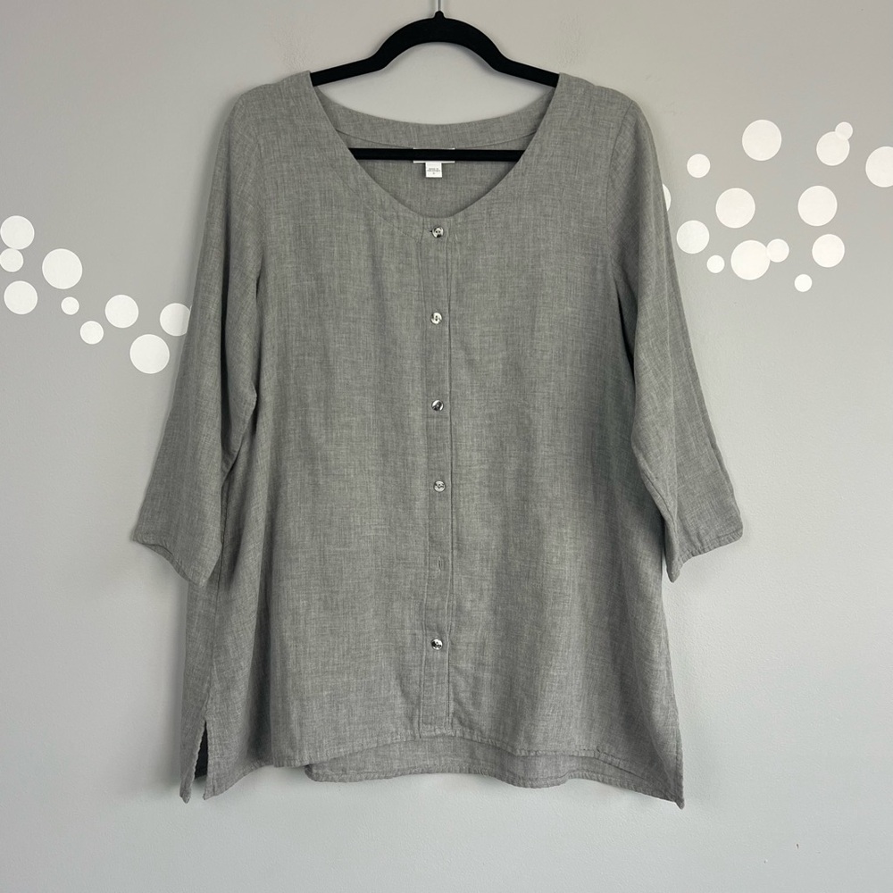 Pure Jill J. Jill Gray Cotton Button Down Tunic Top Size S 3/4 Sleeve Lagenlook